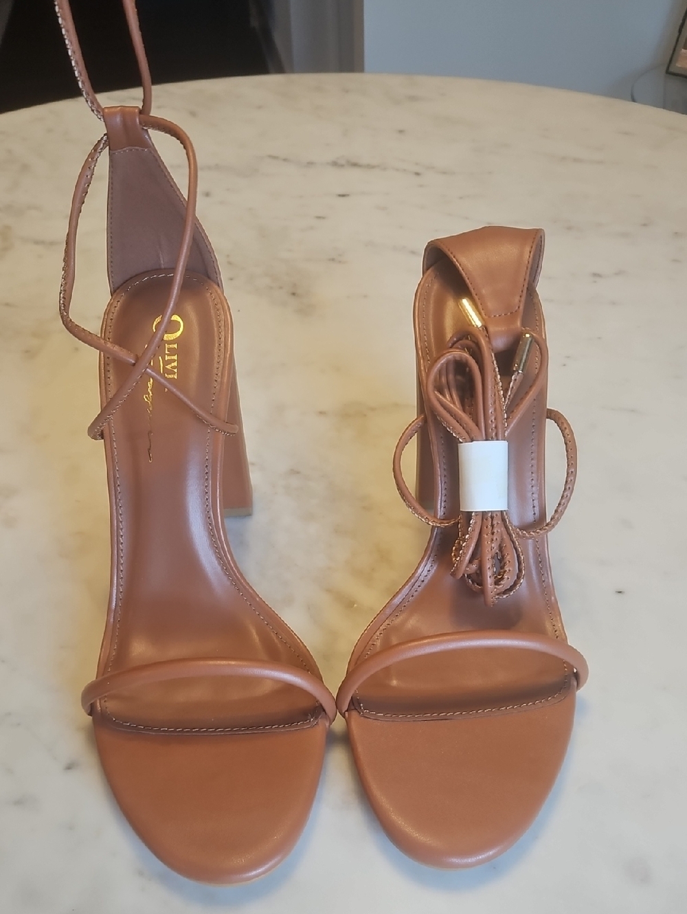Olivia Miller Cognac Leather Ankle-Tie Block Heel Sandals
